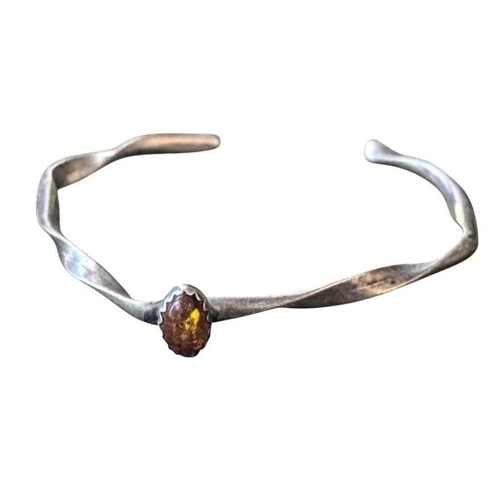 Vintage Small kids Sterling Silver Amber Cuff Bracelet Minimalist Stacking